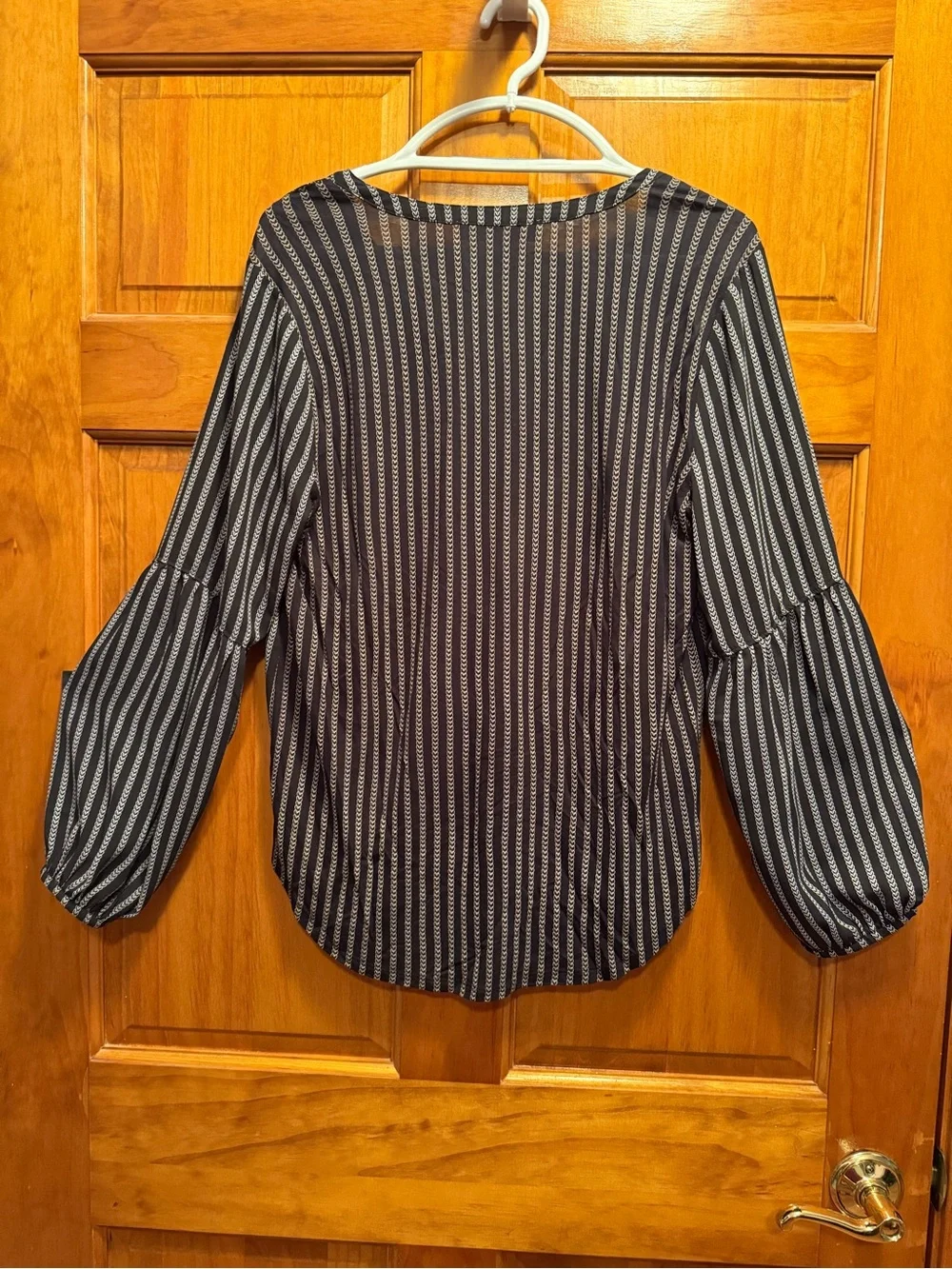 LOFT Black and White Vertical-Stripe V-Neck Balloon-Sleeve Blouse